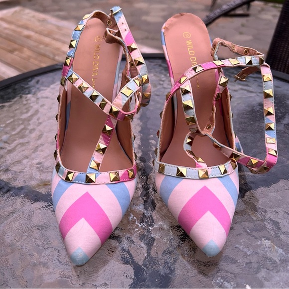 DIVA Lounge Pink and Blue Studded Heels - Picture 2 of 6